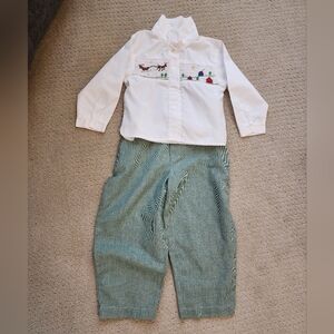White Smocked Christmas Shirt with Green Pants